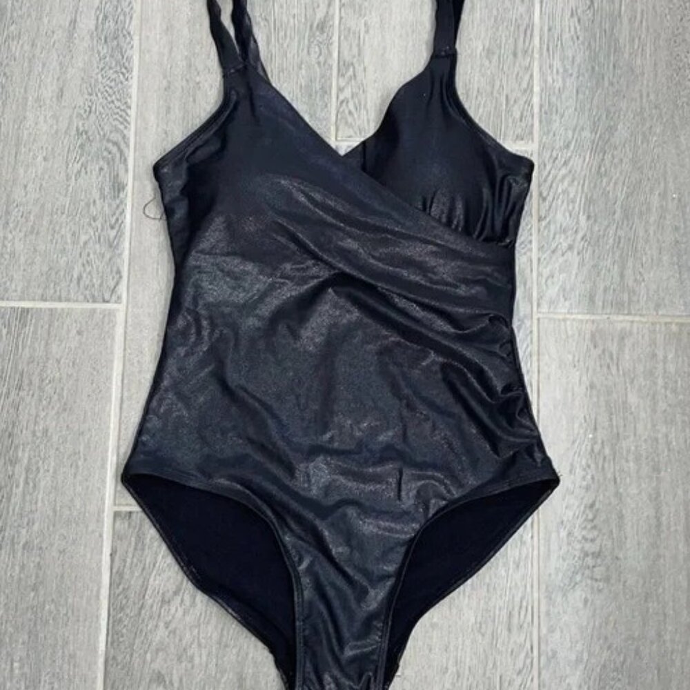 New Serra Gray Metallic One-Piece Ruched Bathing Suit - Small